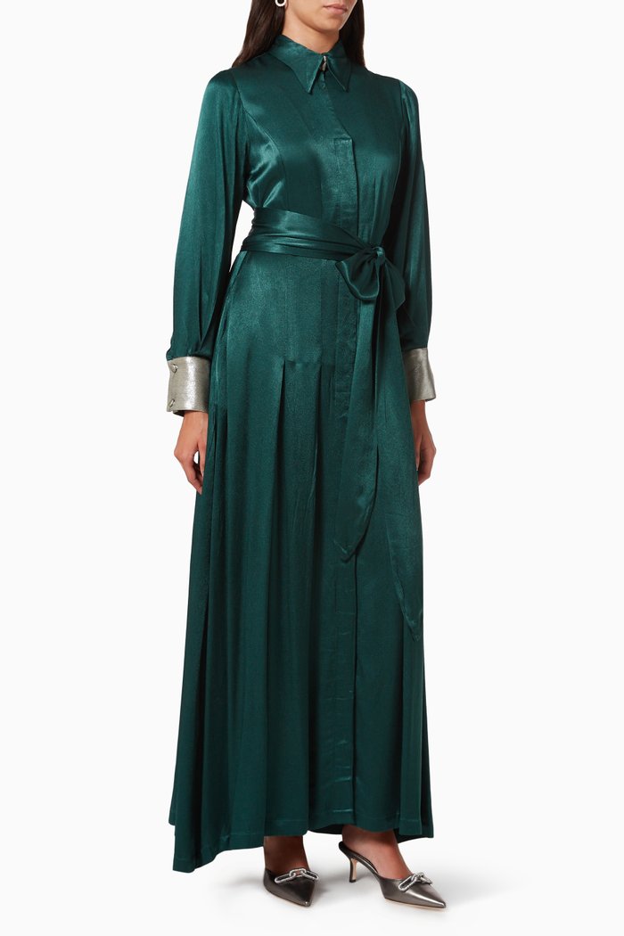 

Belted Shirt Dress in Satin, Green