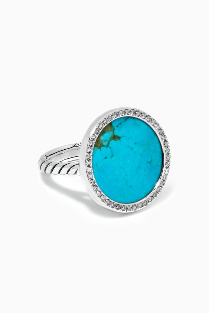 

DY Elements® Button Ring with Turquoise & Pavé Diamonds in Sterling Silver, Blue