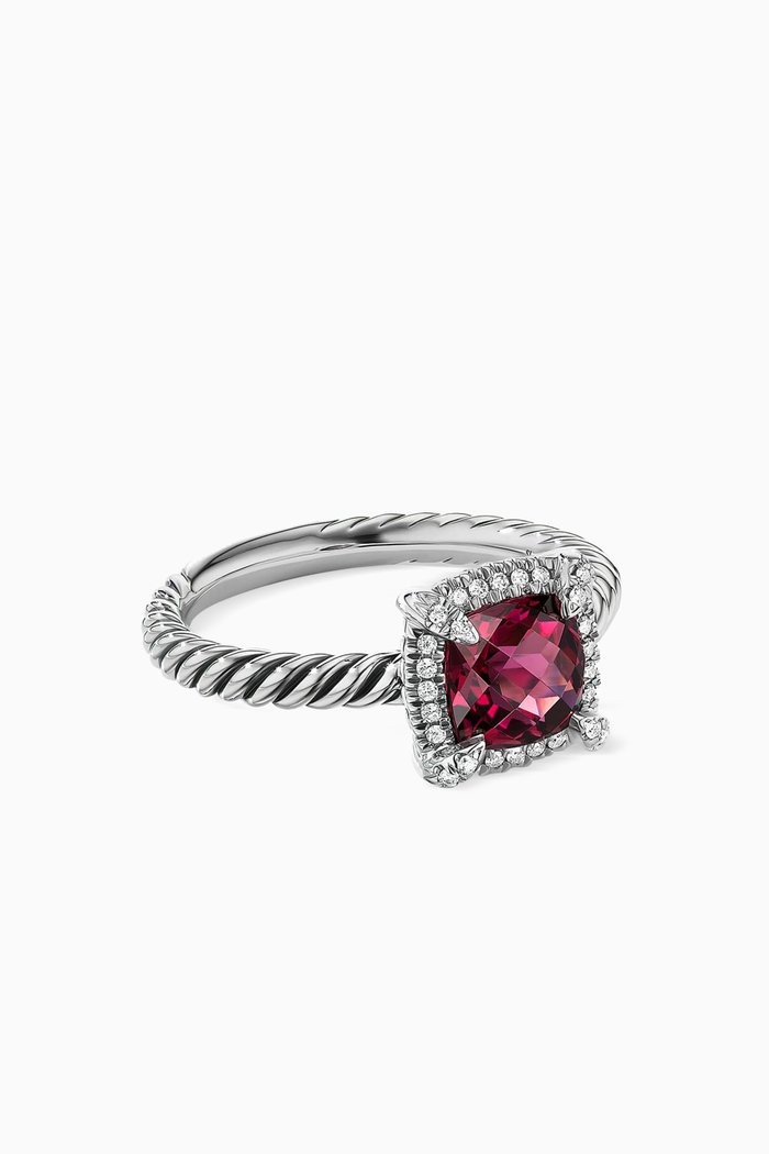 

Petite Châtelaine® Rhodolite Garnet & Diamonds Ring with Pavé Bezel in Sterling Silver, Red