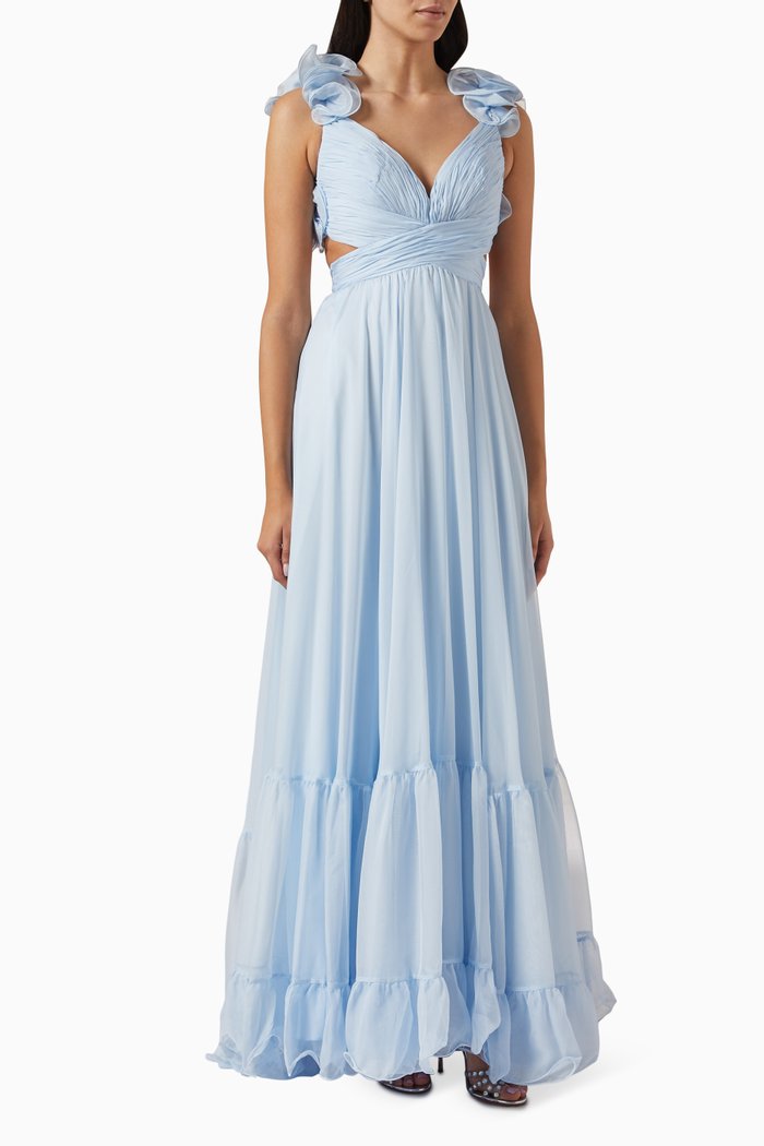 

Ruffle Tiered Cut-out Gown in Chiffon, Blue