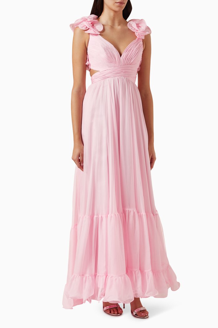 

Ruffle Tiered Cut-out Gown in Chiffon, Pink