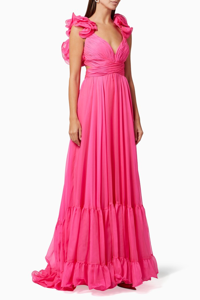 

x leena Ruffle Shoulder Lace Up Gown in Chiffon, Pink