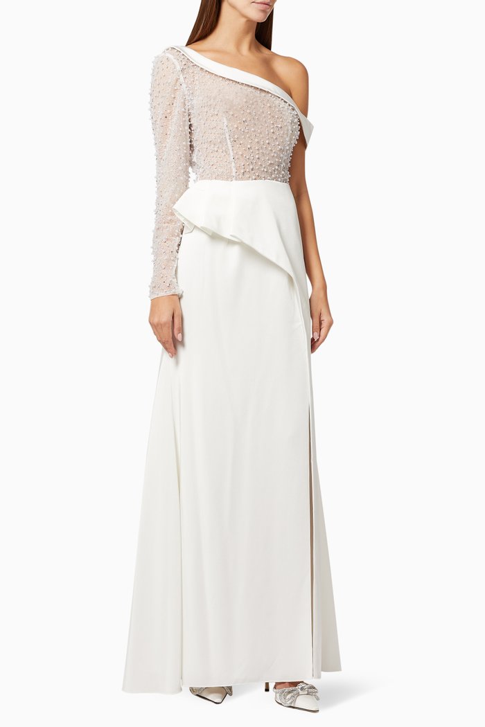 

One Shoulder Pearl Bodice Gown in Crepe Jersey, Neutral