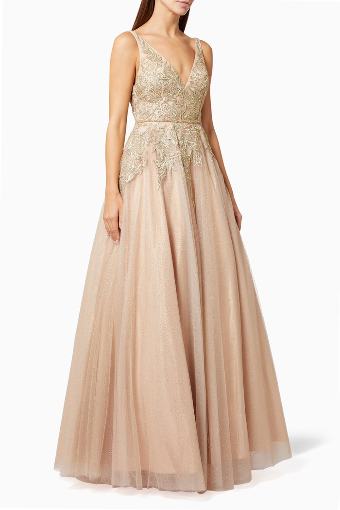 

Embroidered Gown in Tulle, Gold