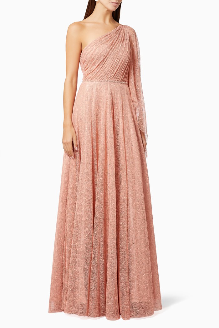 

One Shoulder Bell Sleeve Gown in Lace, Pink