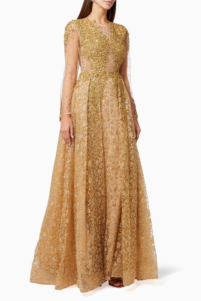

Floral Beaded Illusion Gown in Tulle & Lace, Gold
