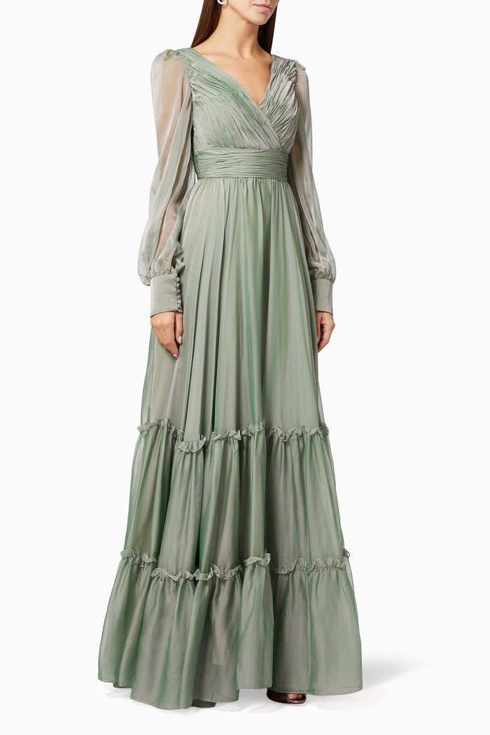 

Faux Wrap Tiered Gown in Chiffon, Green