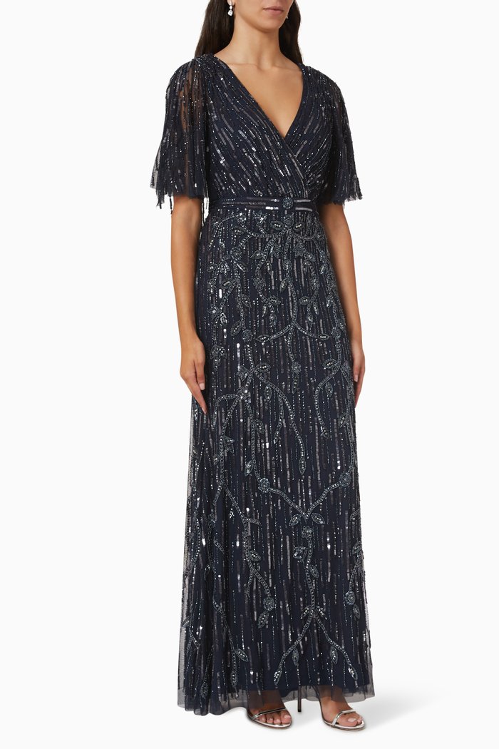 Wrap-front Beaded Cape Gown in Tulle, Blue