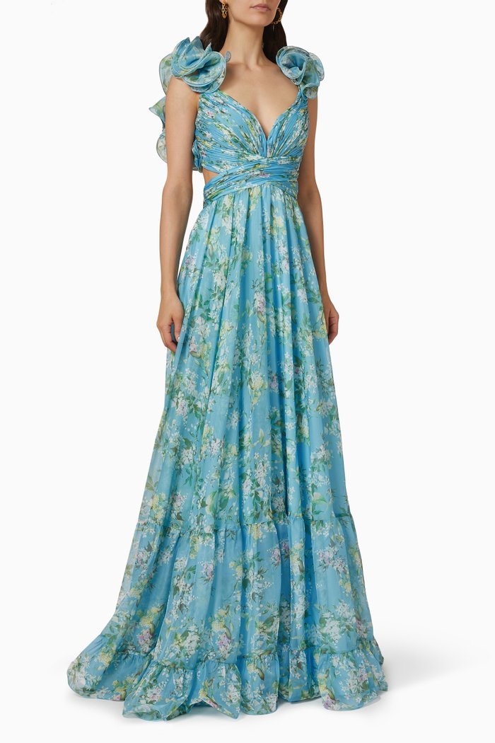 

Tiered Floral Cut Out Gown in Chiffon, Blue