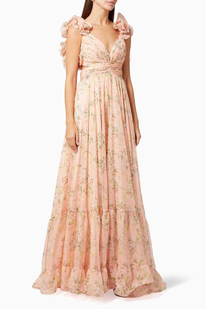 

Tiered Floral Cut Out Gown in Chiffon, Pink