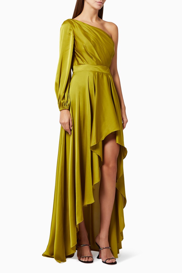 

x leena One Shoulder Hi Low Gown in Satin, Green