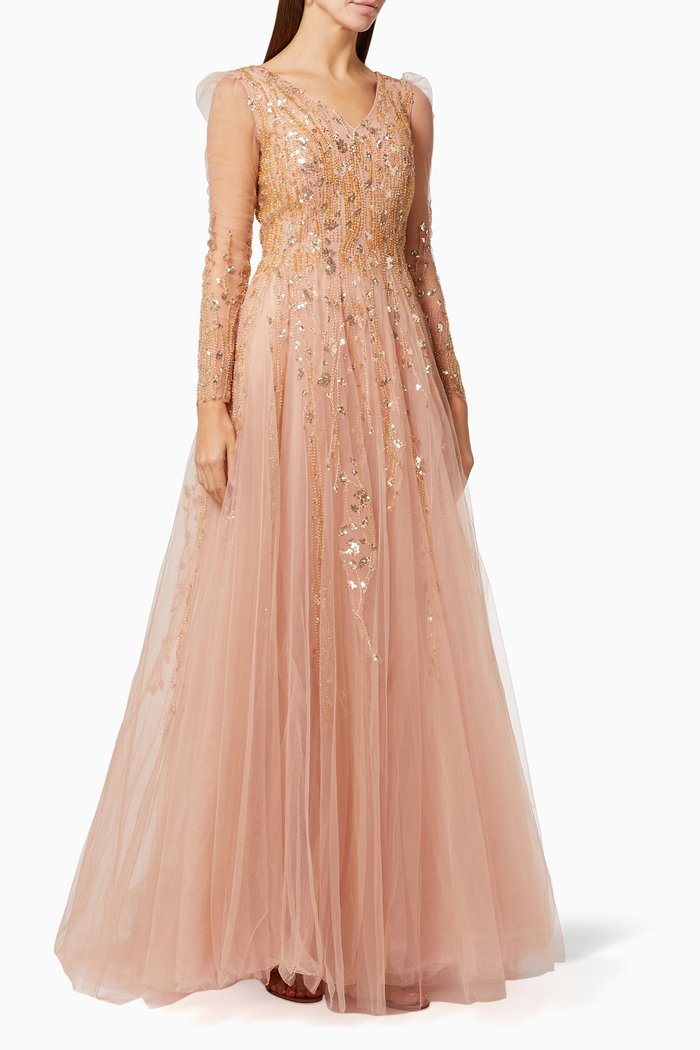 

Illusion Beaded Gown in Tulle, Pink