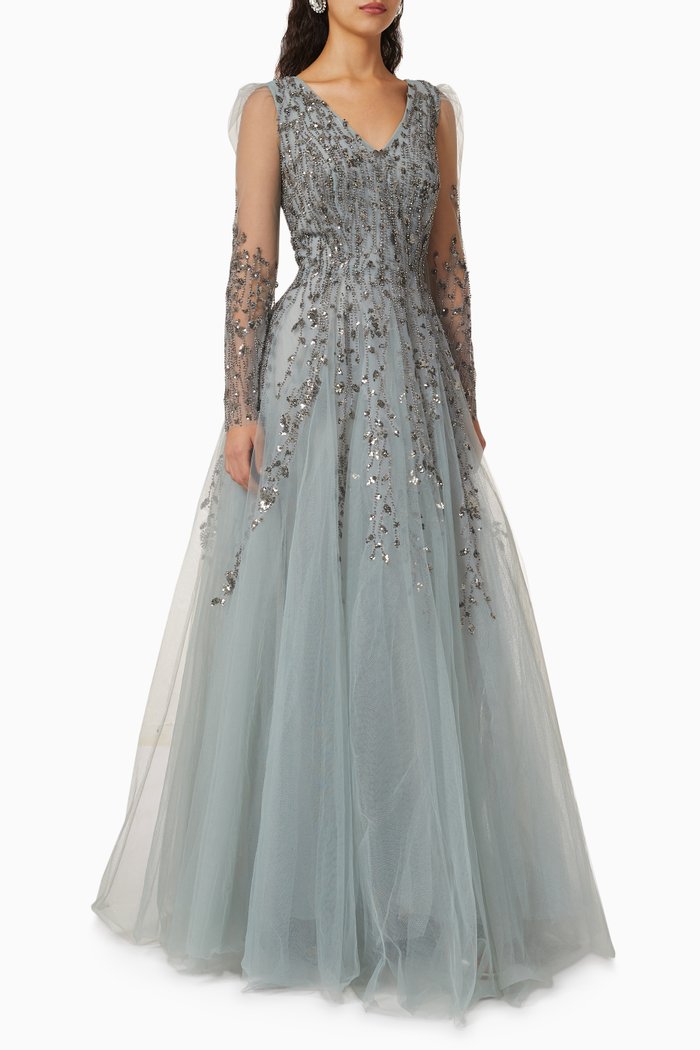 

Illusion Beaded Gown in Tulle, Silver