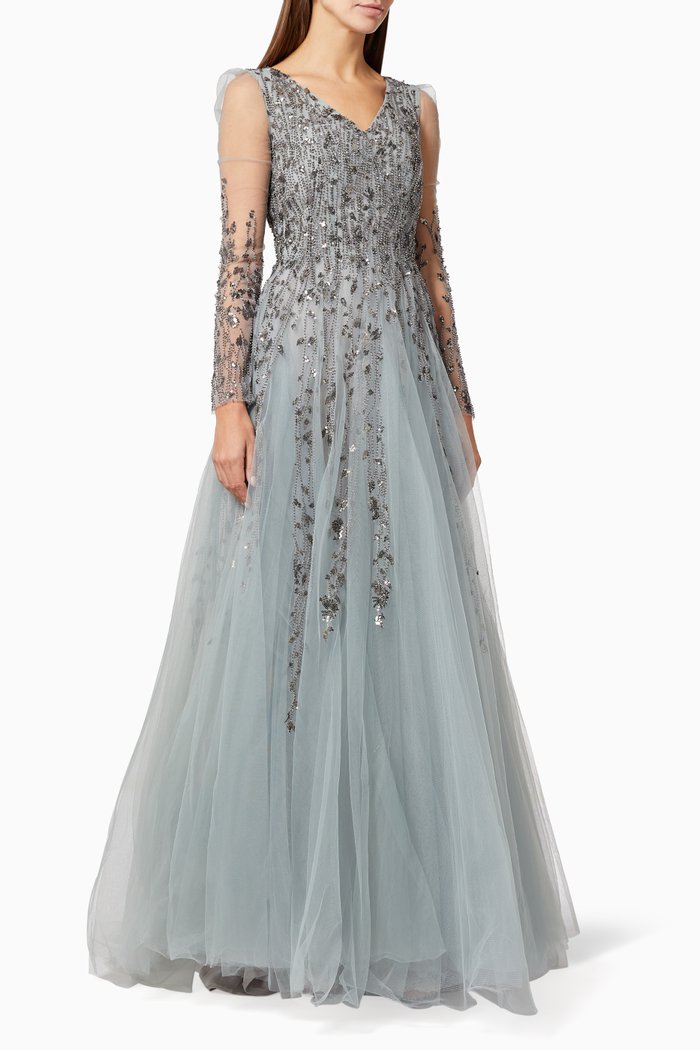 

Illusion Beaded Gown in Tulle, Silver