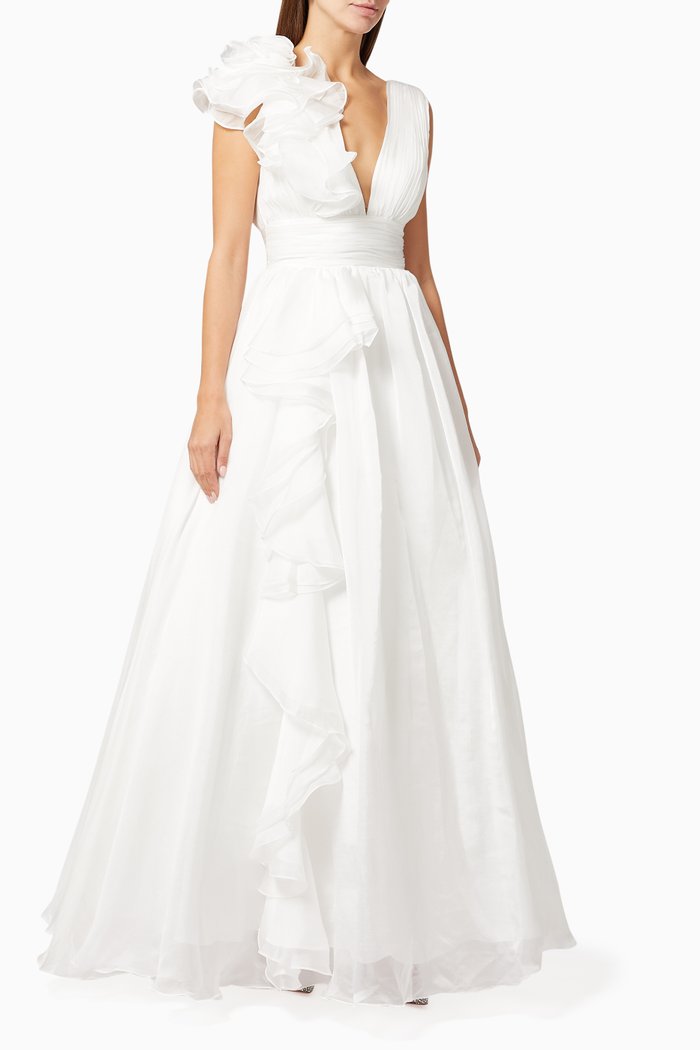 

Ruffle Shoulder Ball Gown in Crepe, White