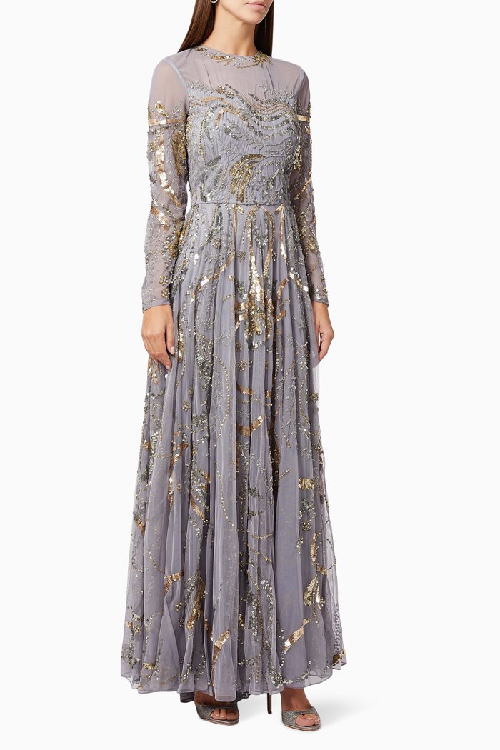 

Embellished Illusion Gown in Tulle, Silver