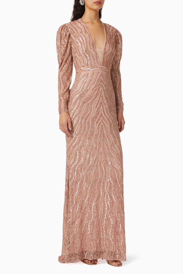 

Beaded Trumpet Gown in Lace, Brown