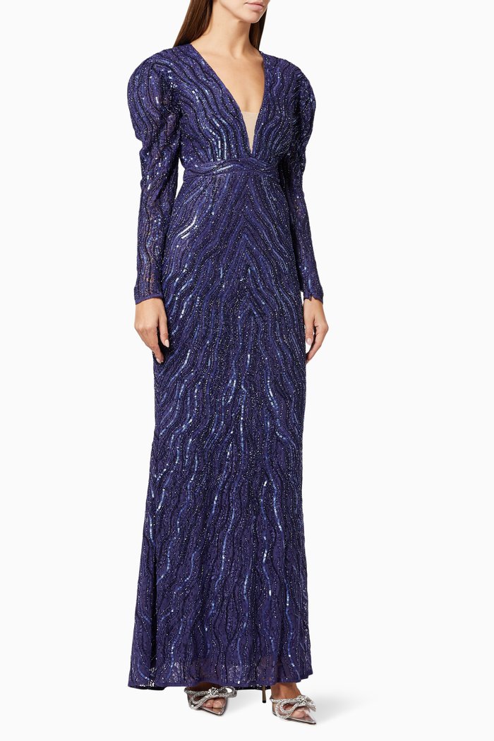 

Beaded Trumpet Gown in Lace, Blue