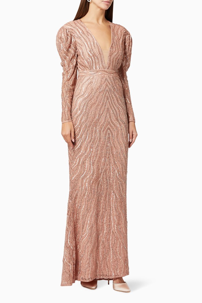 

Beaded Trumpet Gown in Lace, Pink