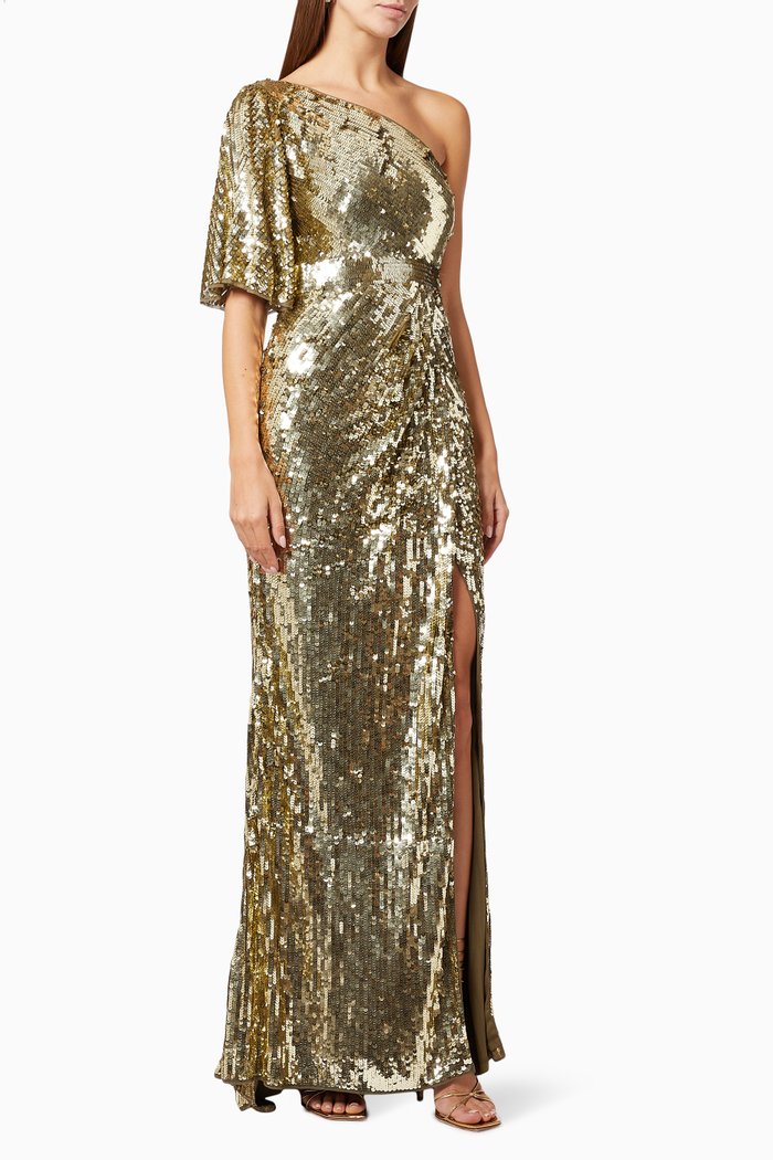 

One Shoulder Sequin Gown, Gold