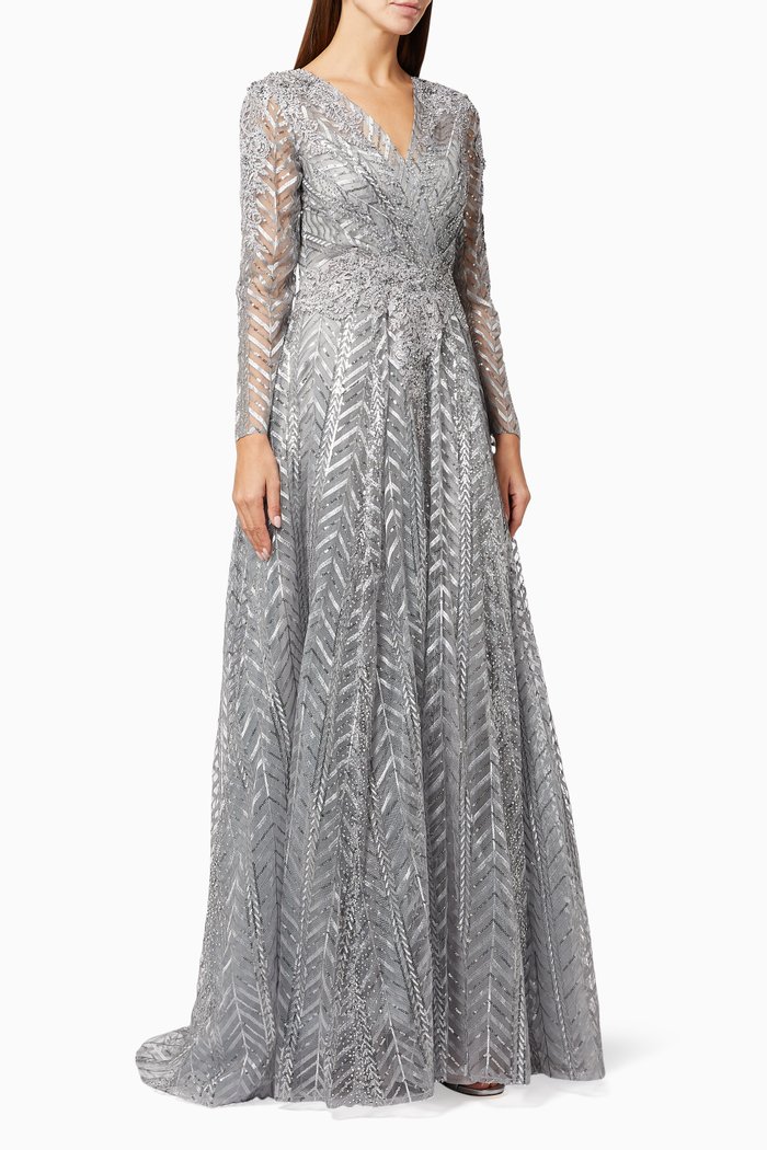 

Chevron Embroidered Gown in Tulle, Silver