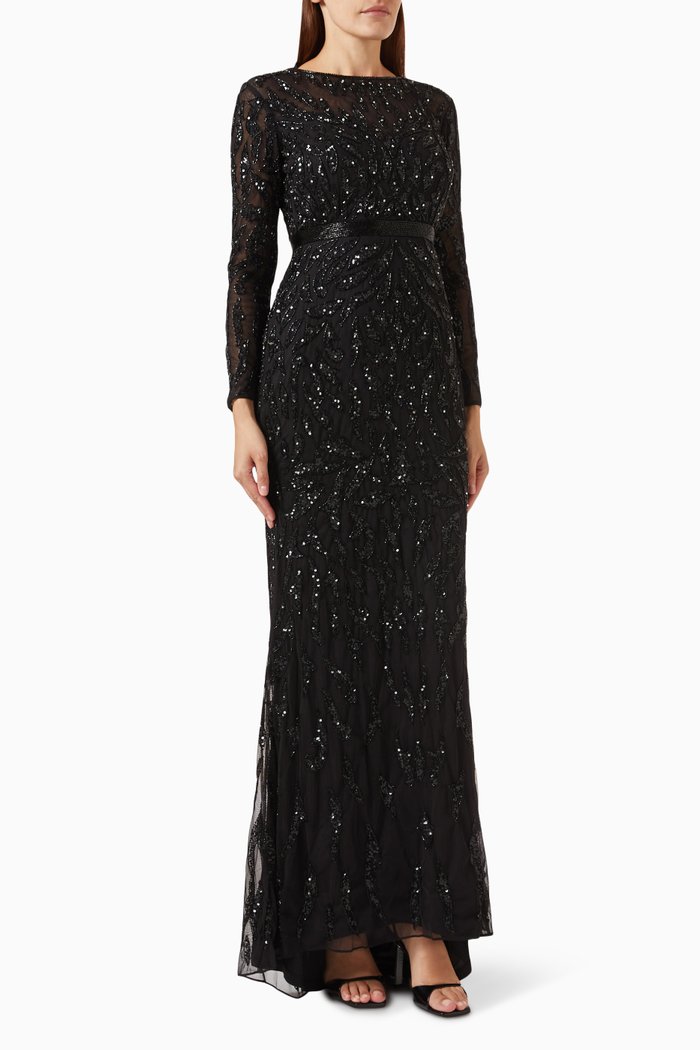 

Sequin-embellished Gown in Mesh, Black