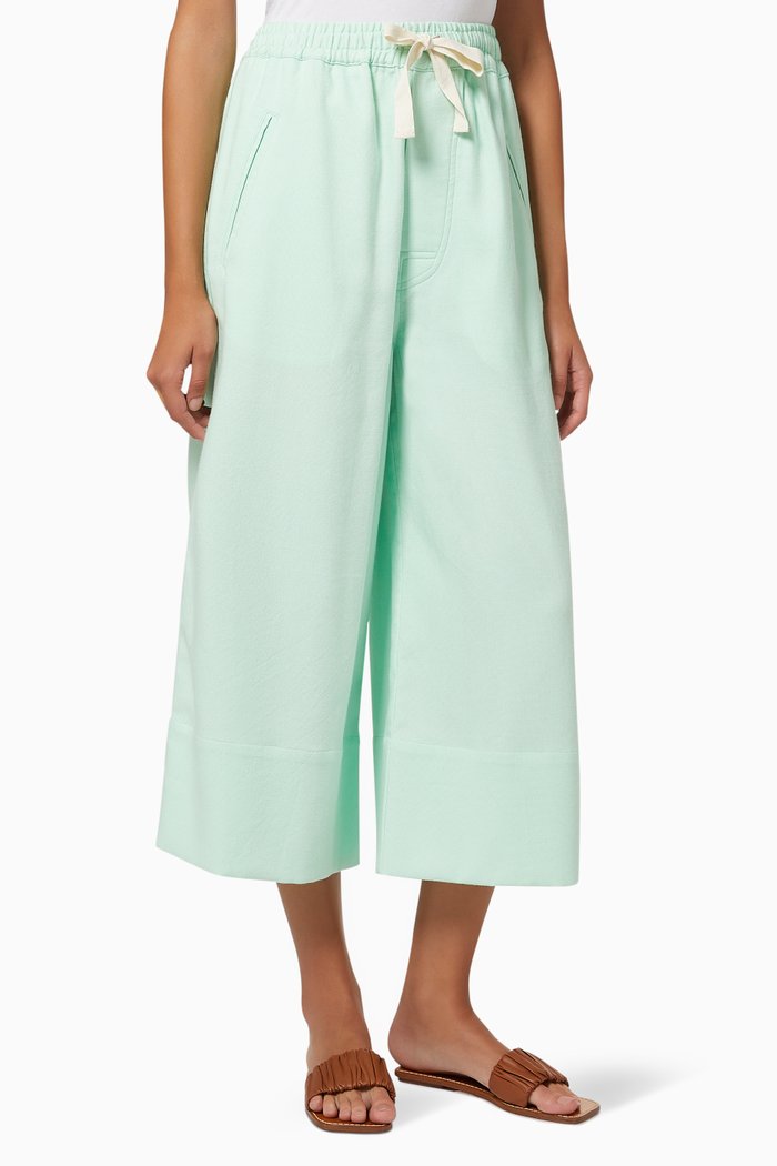 

Wide Leg Drawstring Cropped Pants in Cotton, Green