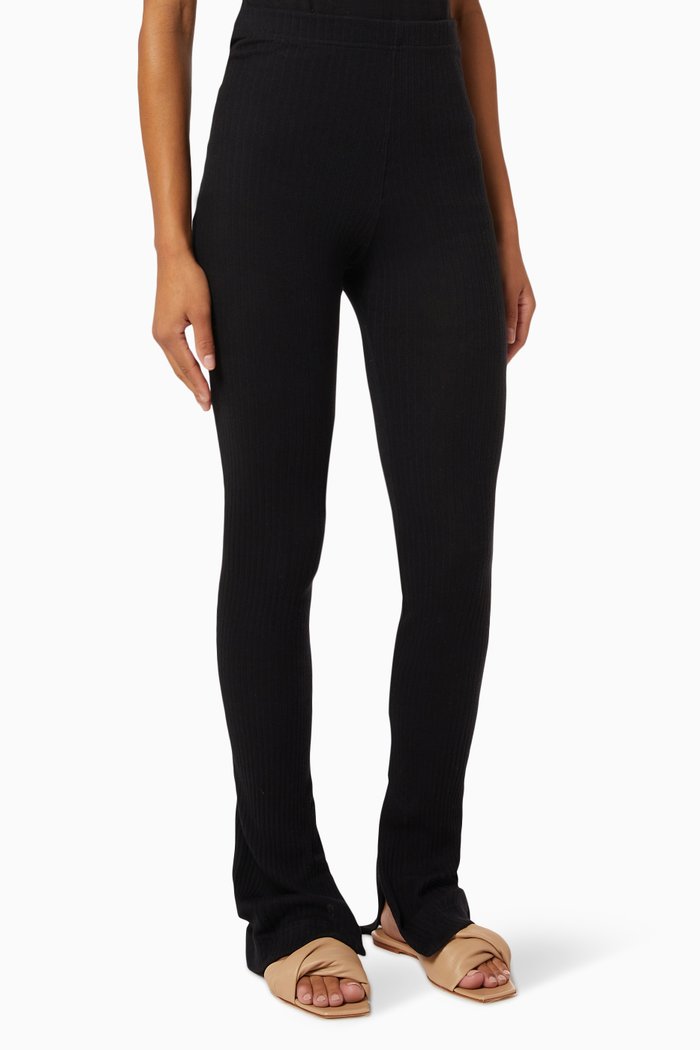 

Flared Slit Tights in Rib Knit, Black