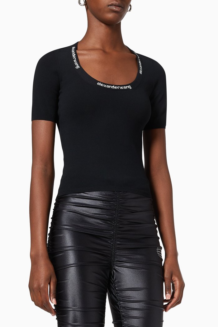 

Logo Jacquard T-shirt in Bodycon Knit, Black