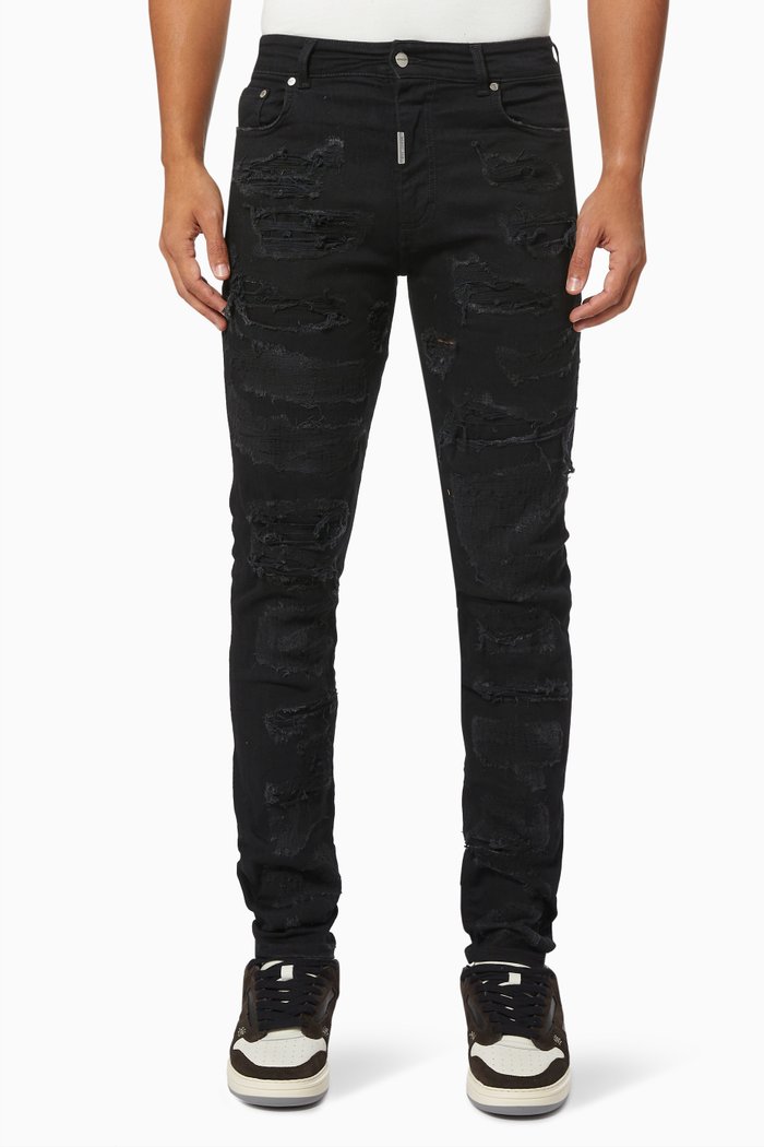 

Slim Fit Shredded Denim in Cotton, Black