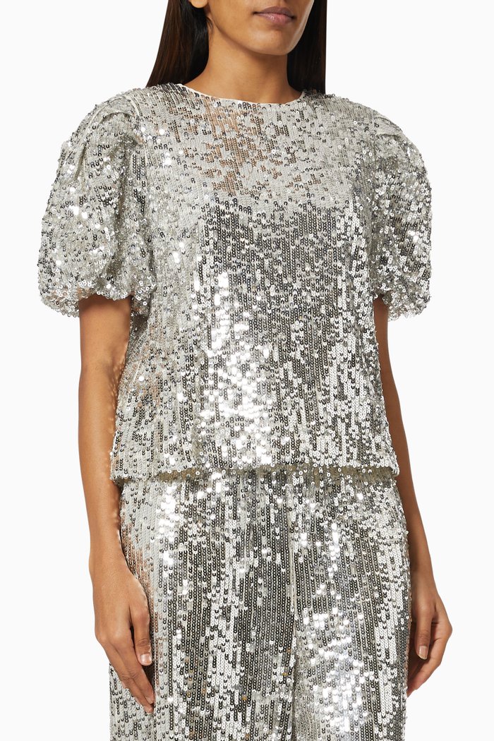 

Sequin Puff Sleeve Top, Silver
