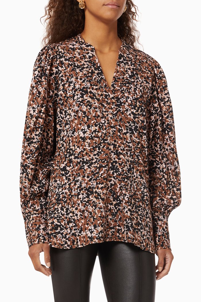 Printed Balloon Sleeve Top in Viscose, Black