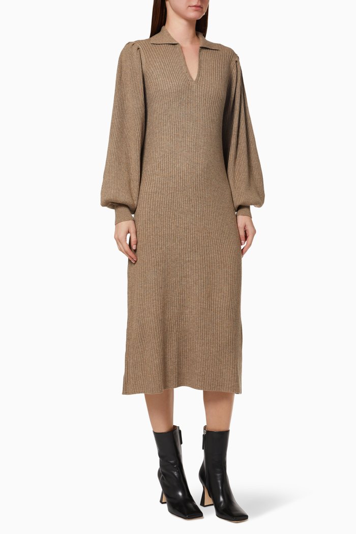 

Balloon Sleeve Ribbed Dress in Merino Wool Blend, Neutral