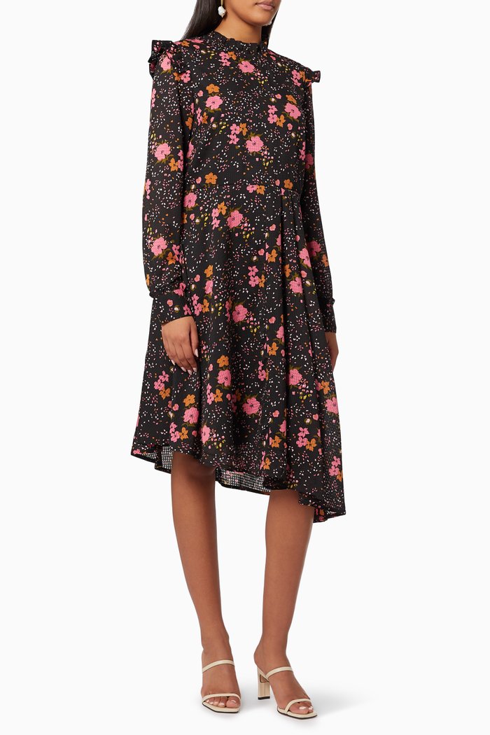 

Yasemili Asymmetric Dress in Floral Crepe, Black