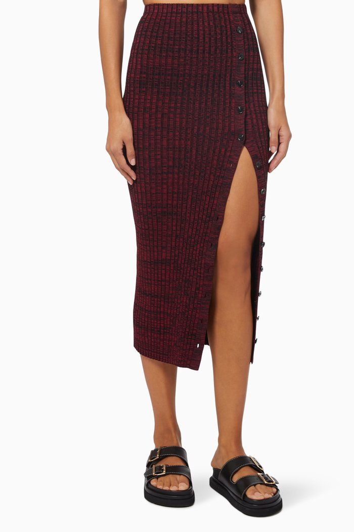 

Buttoned Midi Skirt in Ribbed Knit, Red