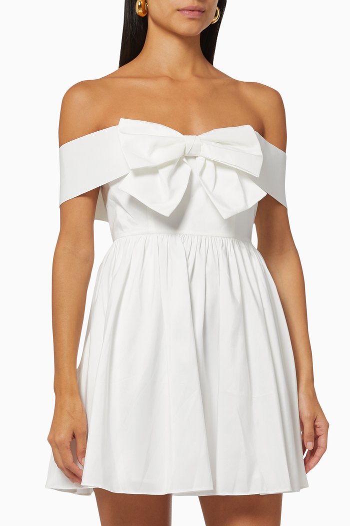 

Off Shoulder Bow Dress in Stretch Crepe, White