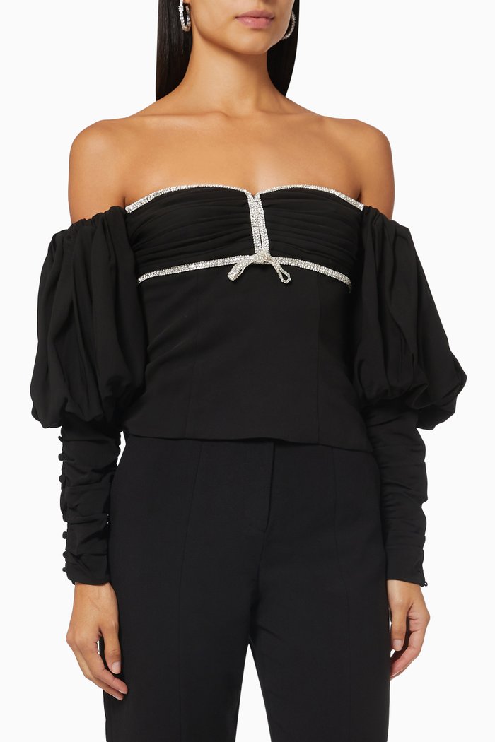 

Off Shoulder Puff Sleeve Top in Stretch Crepe, Black