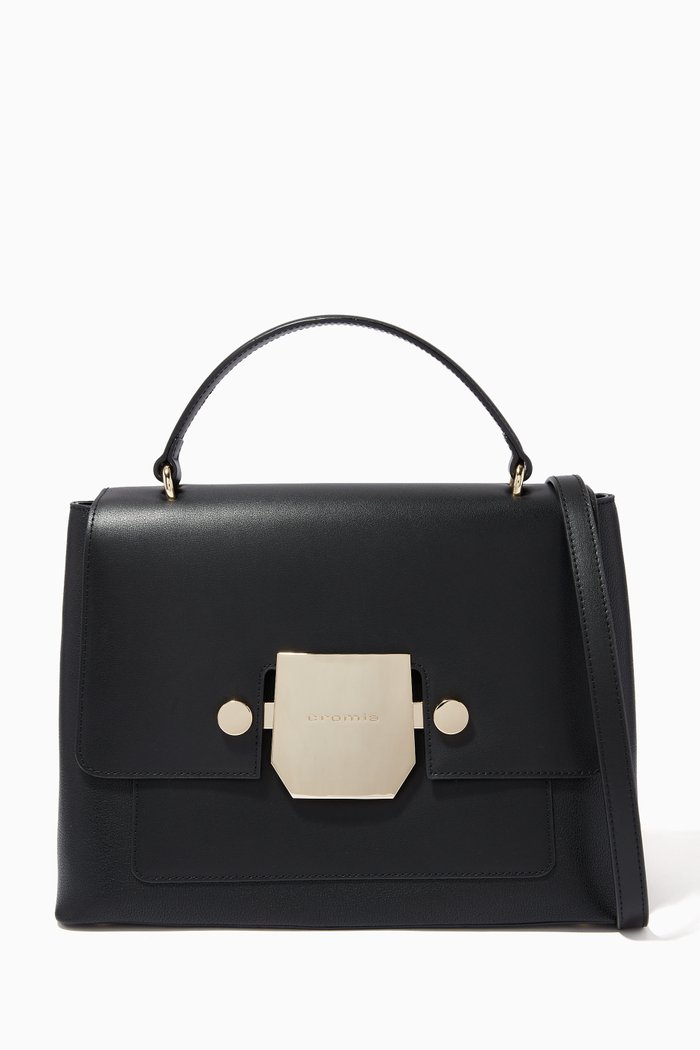 Medium Top Handle Bag in Micro-grain Calfskin, Black