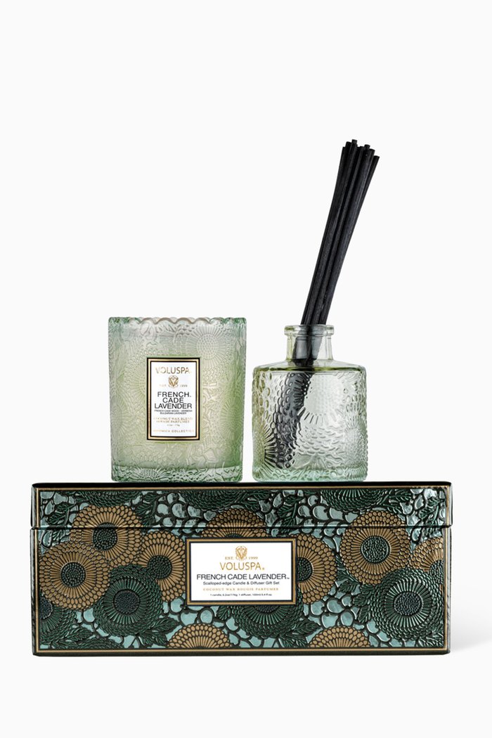 

French Cade Lavender Scalloped Candle & Diffuser Gift Set, Multicolour