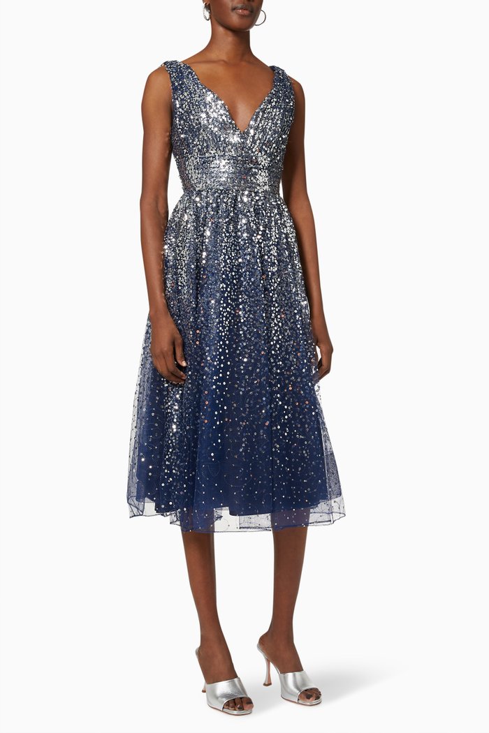 

Sequin Embellished Tea-length Gown in Tulle, Blue