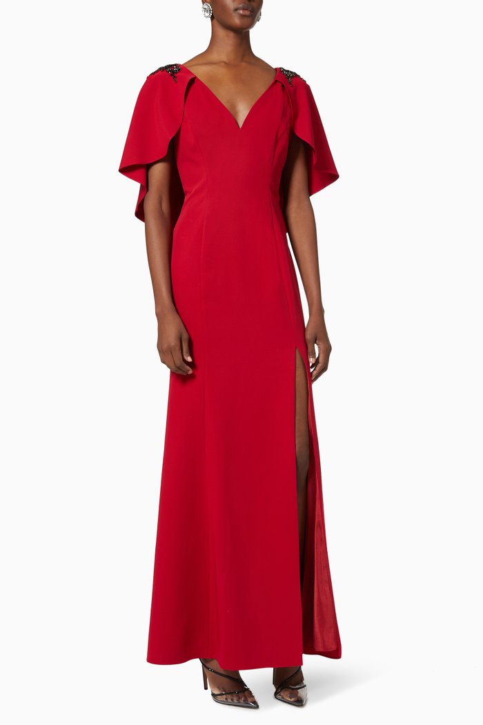

Embellished Cape Gown in Stretch Crepe, Red