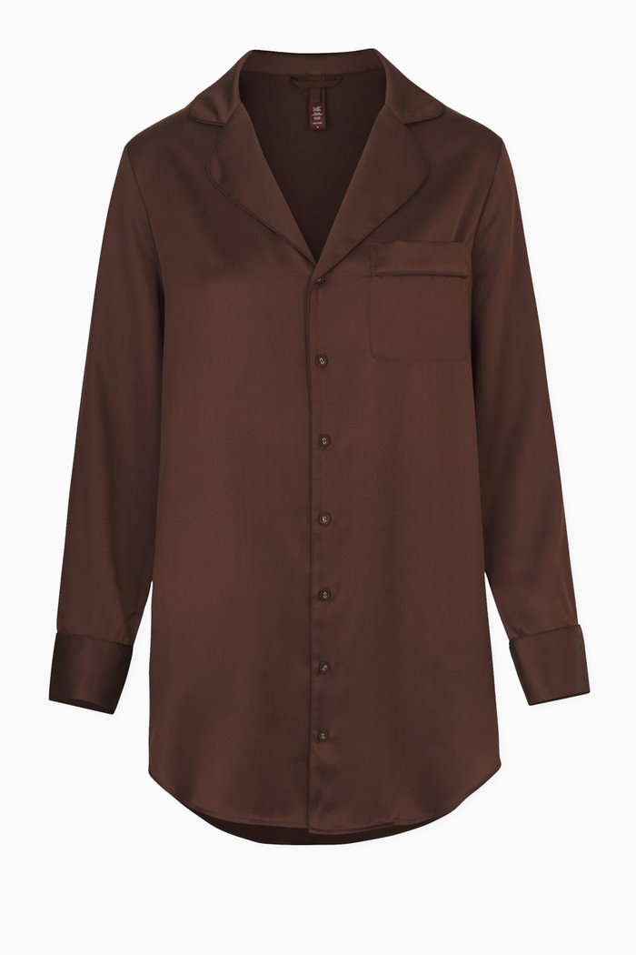 Silk Button Up Night Dress, Brown