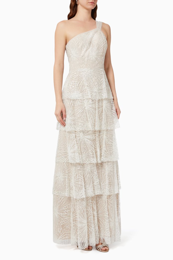 One-shoulder Tiered Gown in Beaded Glitter Tulle, Neutral
