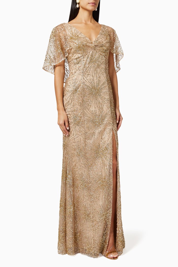 

Cape Sleeve Gown in Beaded Glitter Tulle, Gold