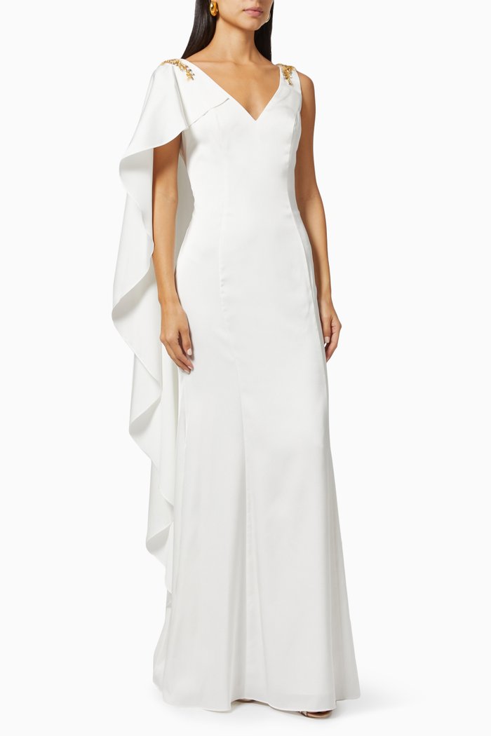 

Asymmetrical Cape Sleeve Gown in Crepe, Neutral
