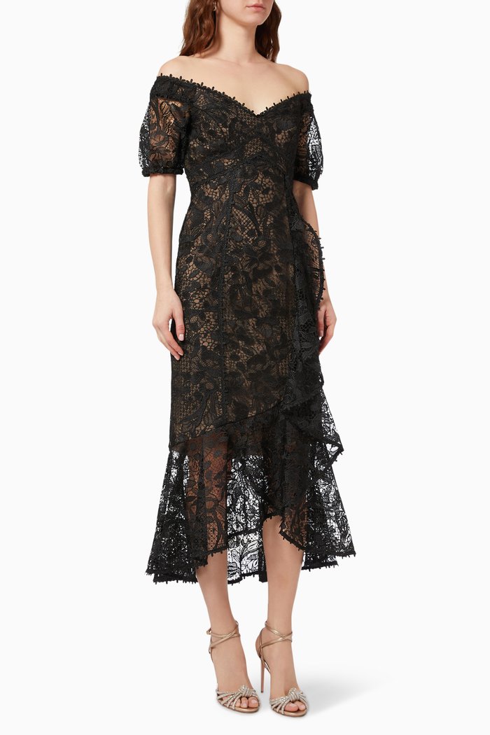

Off-the-Shoulder Midi Dress in Guipure, Black