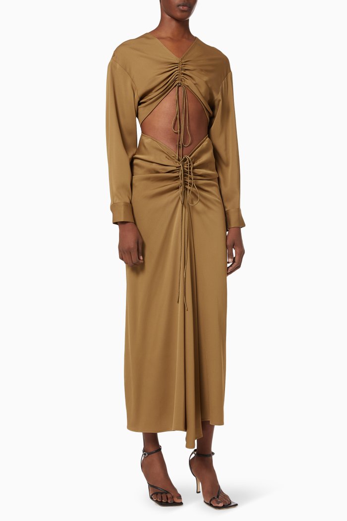 

Ruched Disconnect Shirt Dress in Viscose, Brown