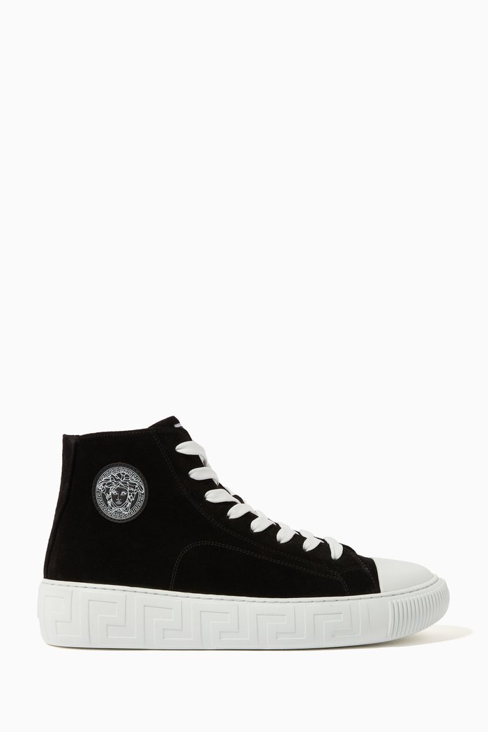 

Greca High-top Sneakers in Suede Calf Leather, Black
