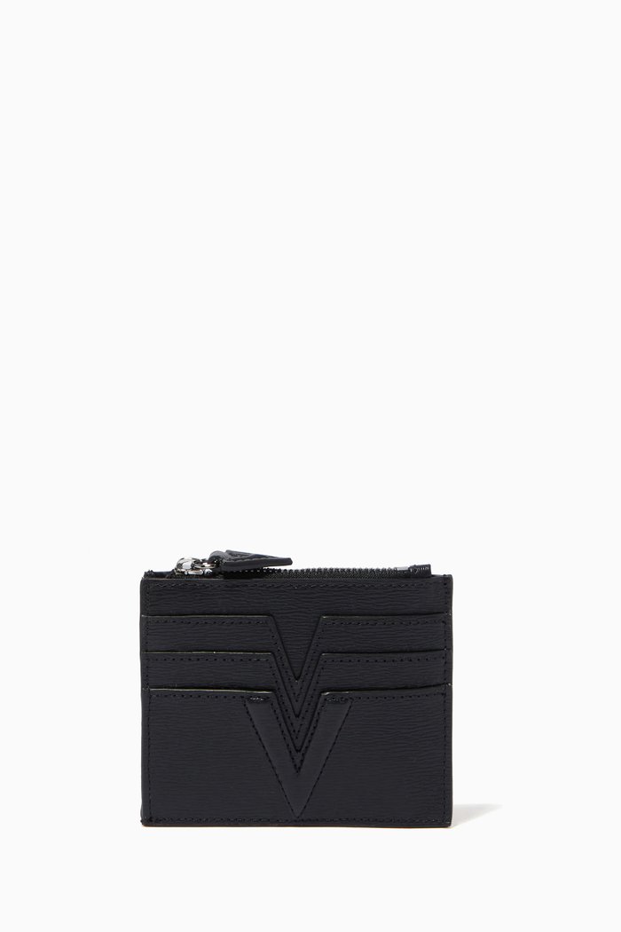 

V Card Holder in Calf Leather, Black