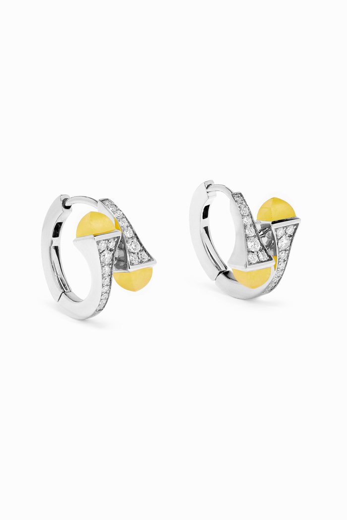 

Cleo Yellow Quartz and Diamond Huggie Earrings in 18kt White Gold, Silver